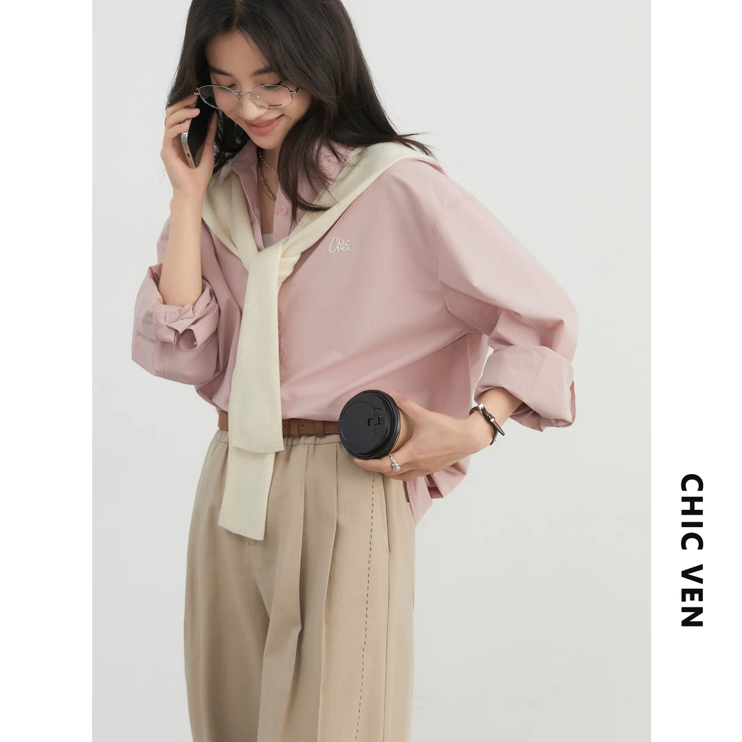 春季新款荃棉刺绣长袖衬衫宽松叠穿翻领蓝色衬衣女125CS00089