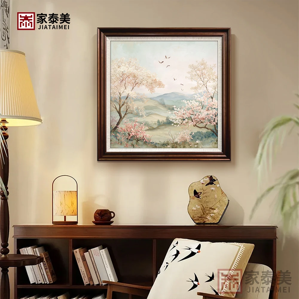 【粉樱漫山】山水风景油画手绘肌理客厅餐厅新中式装饰画玄关装饰画