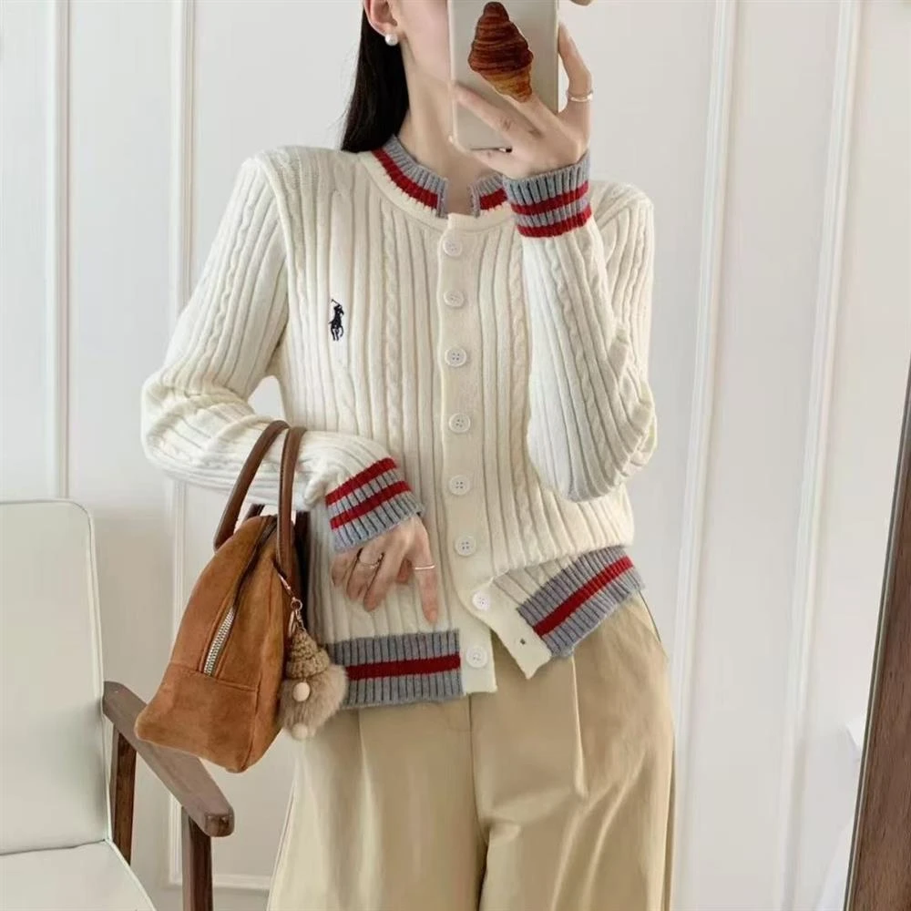 2025秋上新韩系撞色麻花刺绣小马针织开衫上衣女百搭显瘦毛衣外套