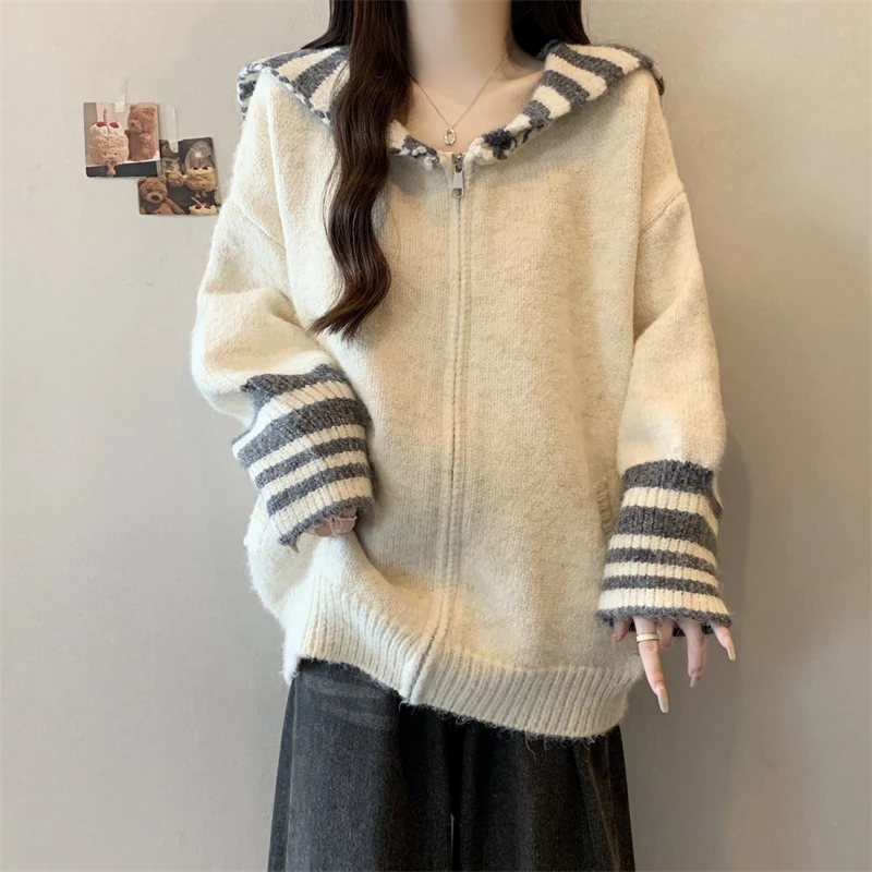学院风海军领条纹灰色毛衣外套女秋冬大码胖mm慵懒风针织开衫上衣