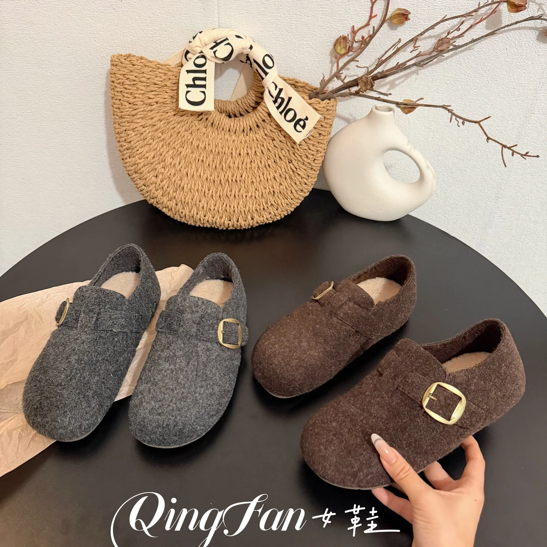 毛呢全包加绒勃肯鞋女2025秋冬季新款内增高复古一脚蹬保暖博肯鞋