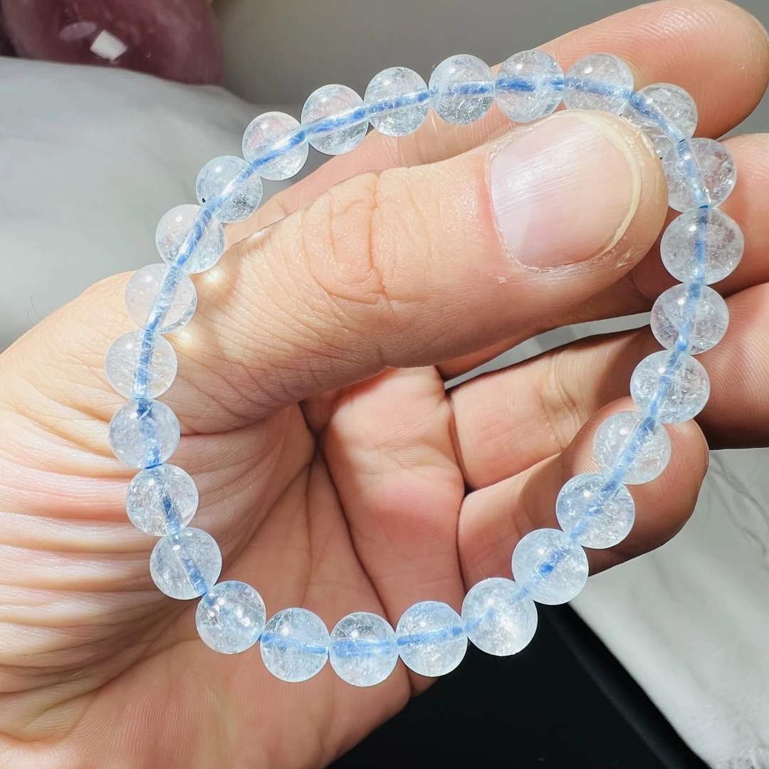 巴西天然冰透海蓝宝7mm+单圈手链透体爆闪海蓝宝手链手串
