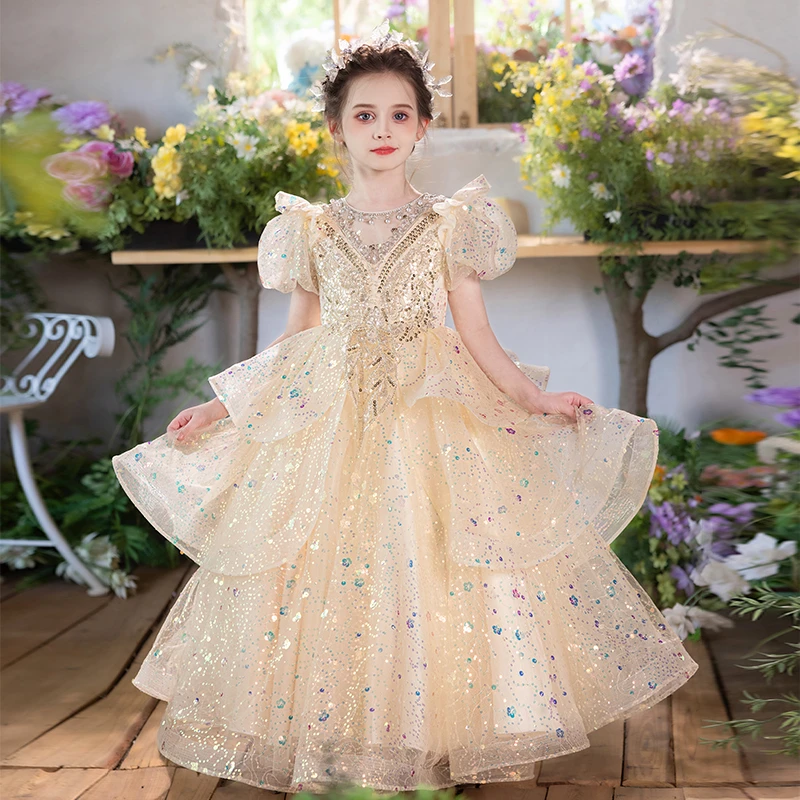 99551女童生日礼服高端轻奢主持人女孩公主裙儿童钢琴演奏演出服