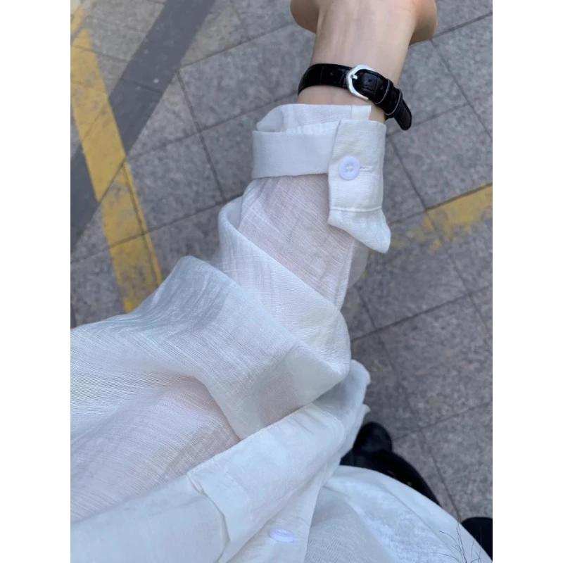 白色冰丝防晒衬衫男夏季薄款透气速干长袖衬衣美式慵懒风休闲外套