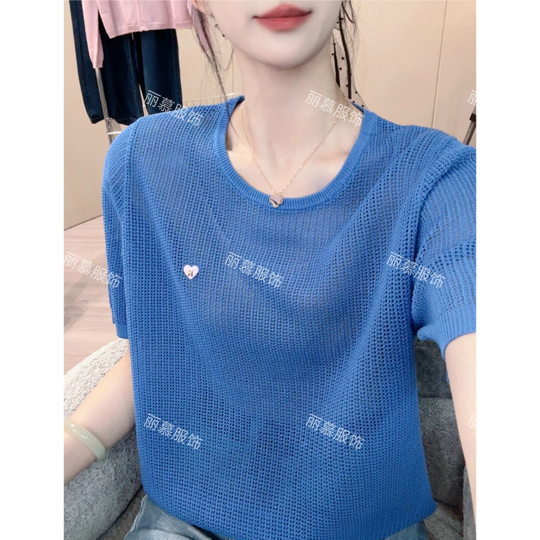 【爱心装饰】韩系纯色网格纹薄款夏季爱心装饰针织短袖T恤1667