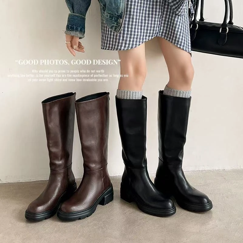 厚底长靴2025秋冬季新款真皮高筒女靴子小个子骑士靴大筒围瘦瘦靴