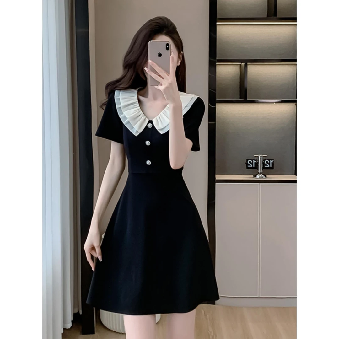 夏季新款娃娃领雪纺连衣裙子减龄女装短袖法式气质显瘦温柔黑色