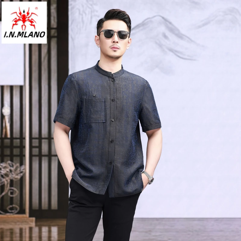 【两面穿】高档香云纱唐装男短袖中式真丝100%桑蚕丝中年中国风衬衫