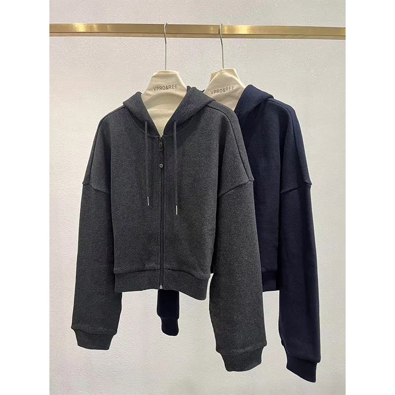 纯棉华夫格连帽短款开衫1874