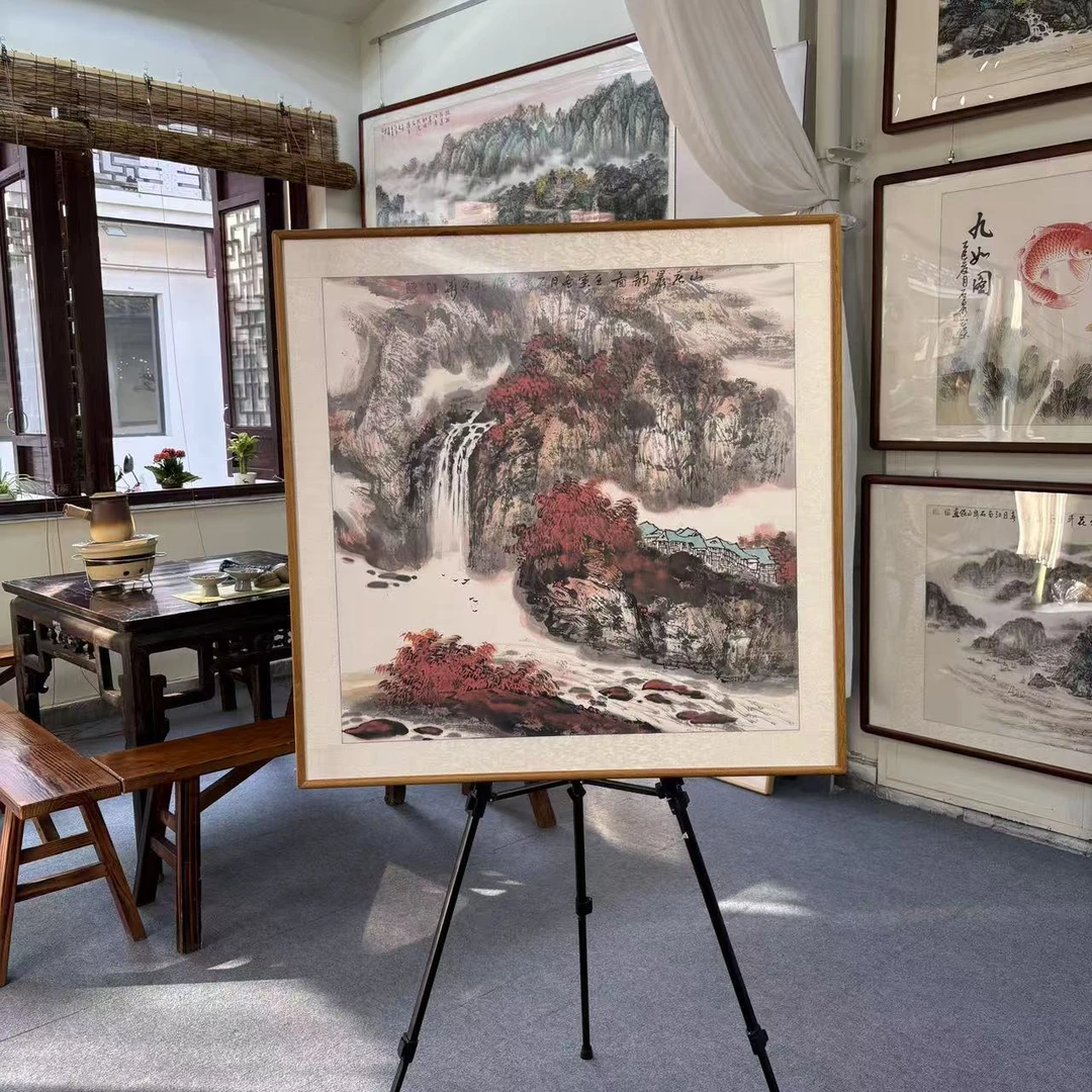 陈正保纯手绘写意国画-山水国画（金丝柚木框80*80）