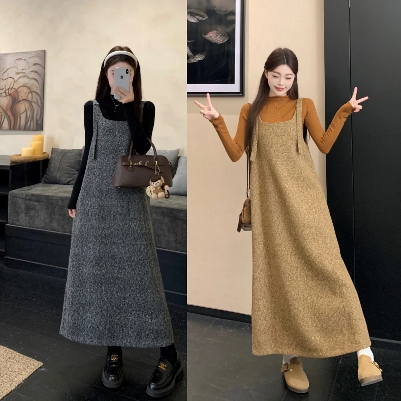 xiaobu~2025秋冬新款孕妇装毛呢背带裙打底毛衣孕妇连衣裙两件套