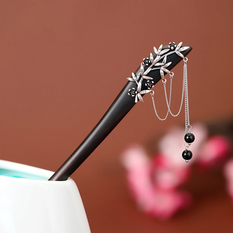 古风簪子黑檀木发簪新中式木簪古风高级盘发发钗古银玉竹流苏簪子