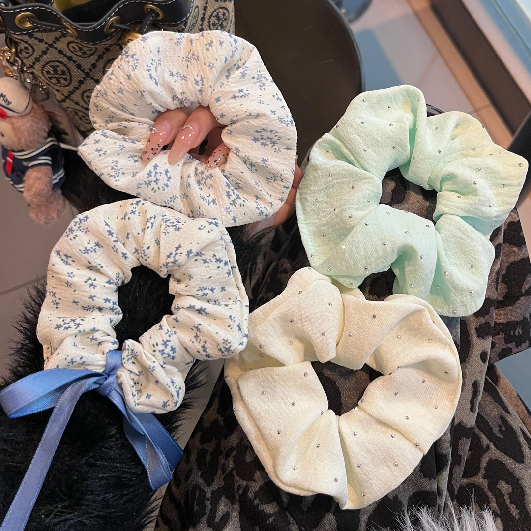 蓝绿色大肠发圈薄荷曼波发饰新款碎花头绳复古法式高级感韩系温柔