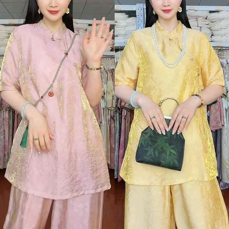 《寒木春华》夏季新款重磅重工气质新中式复古中国风斜襟提花套装