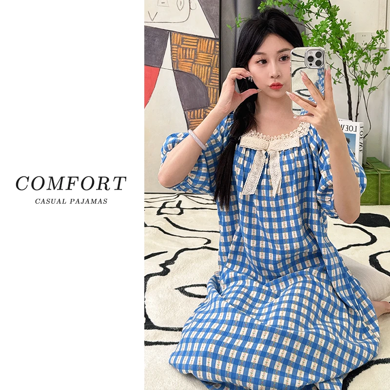 2025新款爆款短袖睡裙女士公主风夏季薄款格子娃娃领可外穿家居服