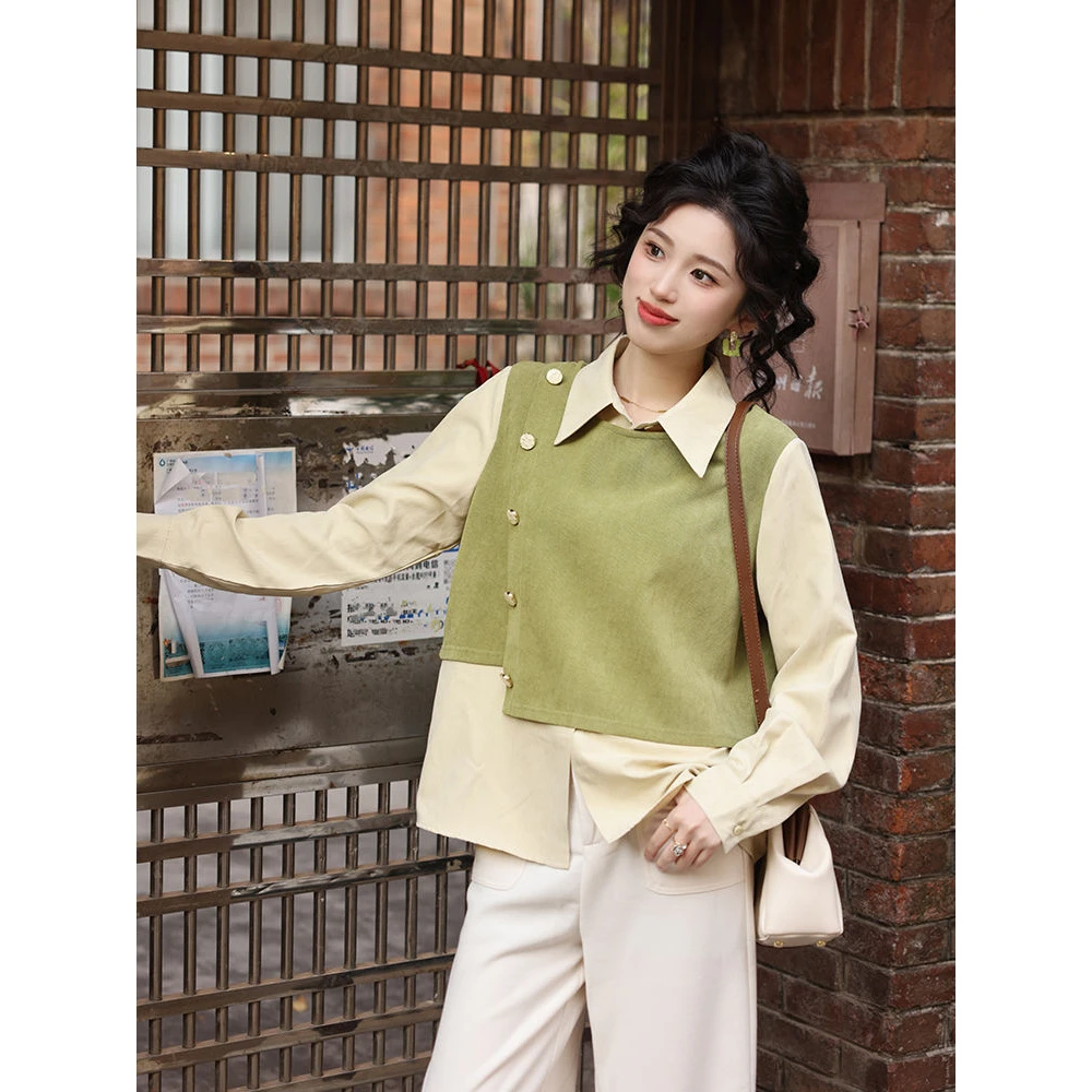 开学季港风复古设计感拼色长袖衬衫女宽松假两件上衣潮