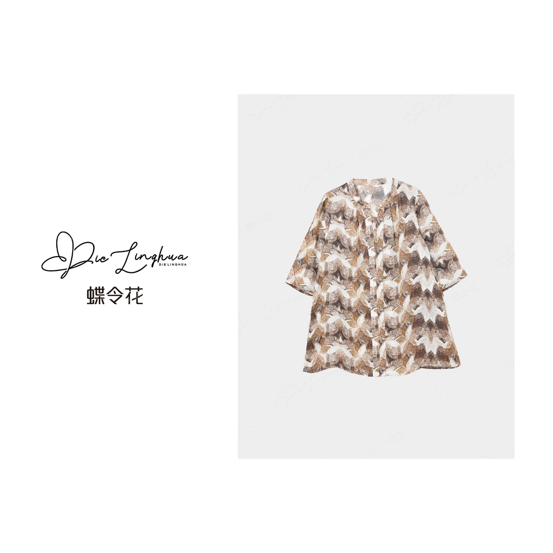 蝶令花夏季欧若风设计领艺术感花纹时尚休闲百搭七分袖T恤252060