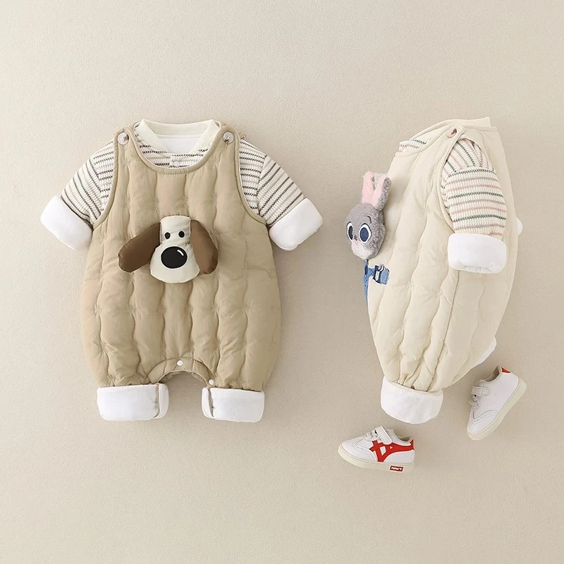 婴儿秋冬装加厚分体套装男女宝宝夹棉卫衣连体背带裤两件套外出服