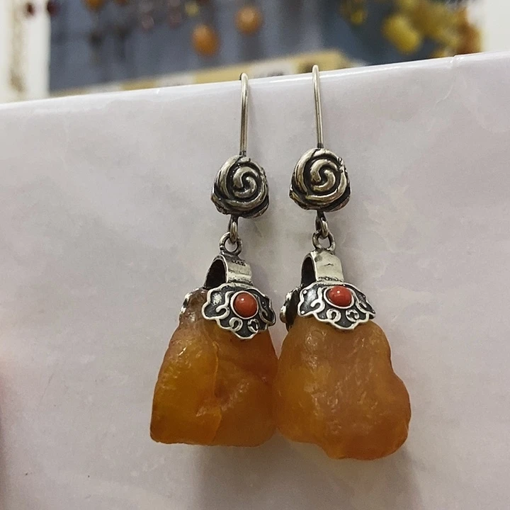 蜜蜡银S925镶嵌耳饰微微瑕原石