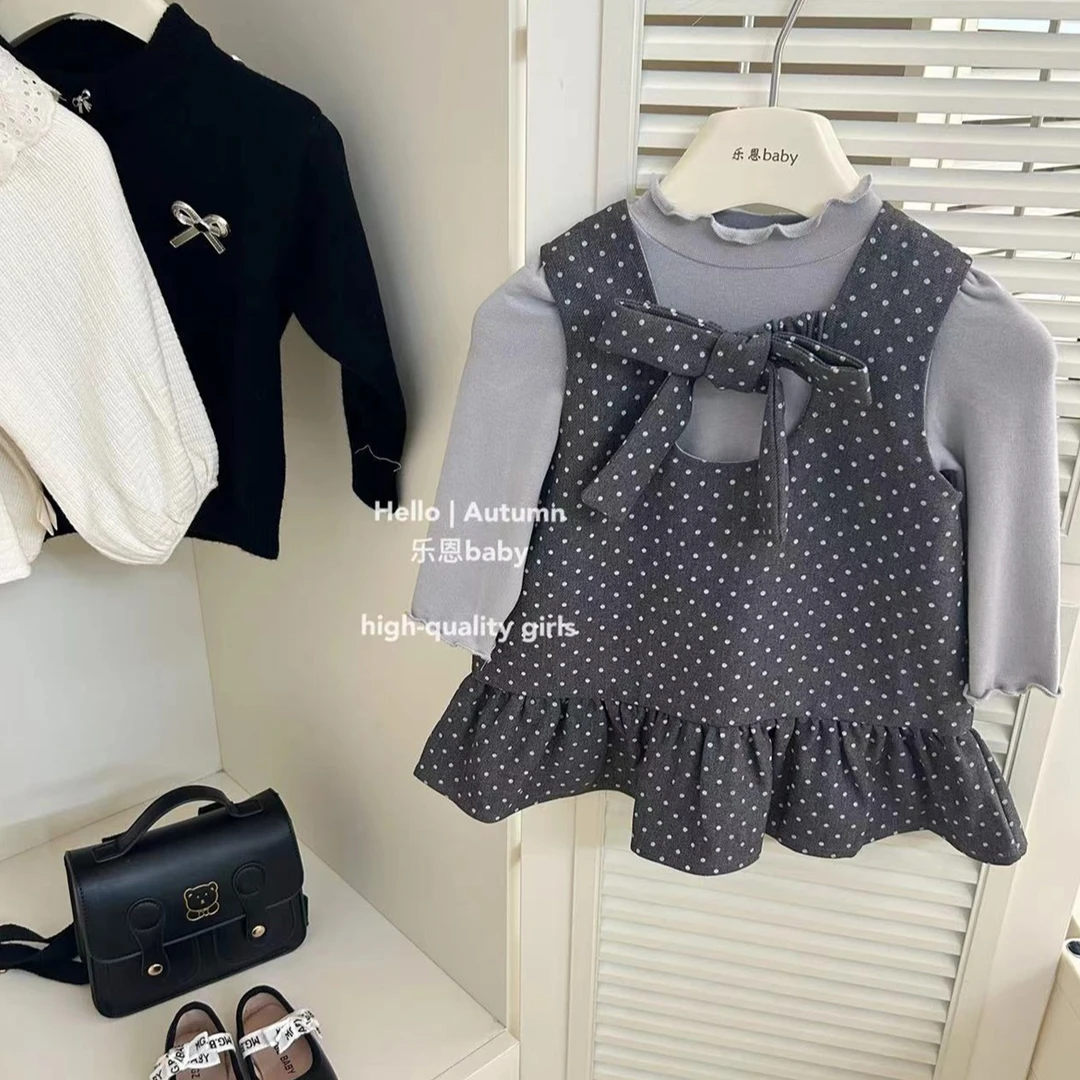 现货【乐恩童装】女童早秋冬新款洋气小香风波点背心裙女宝宝两件套