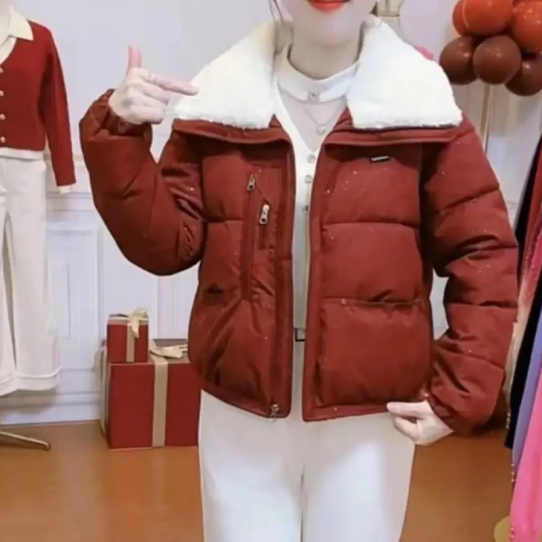 洋时尚毛翻领拼接短款棉服女冬季新款加厚保暖显瘦小个子