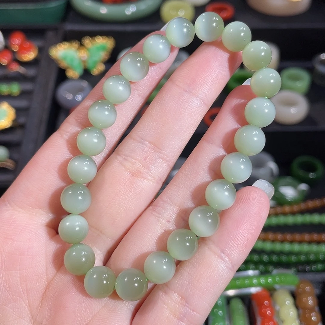 和田玉（碧玉）未镶嵌手串卡8 白金一线猫手串