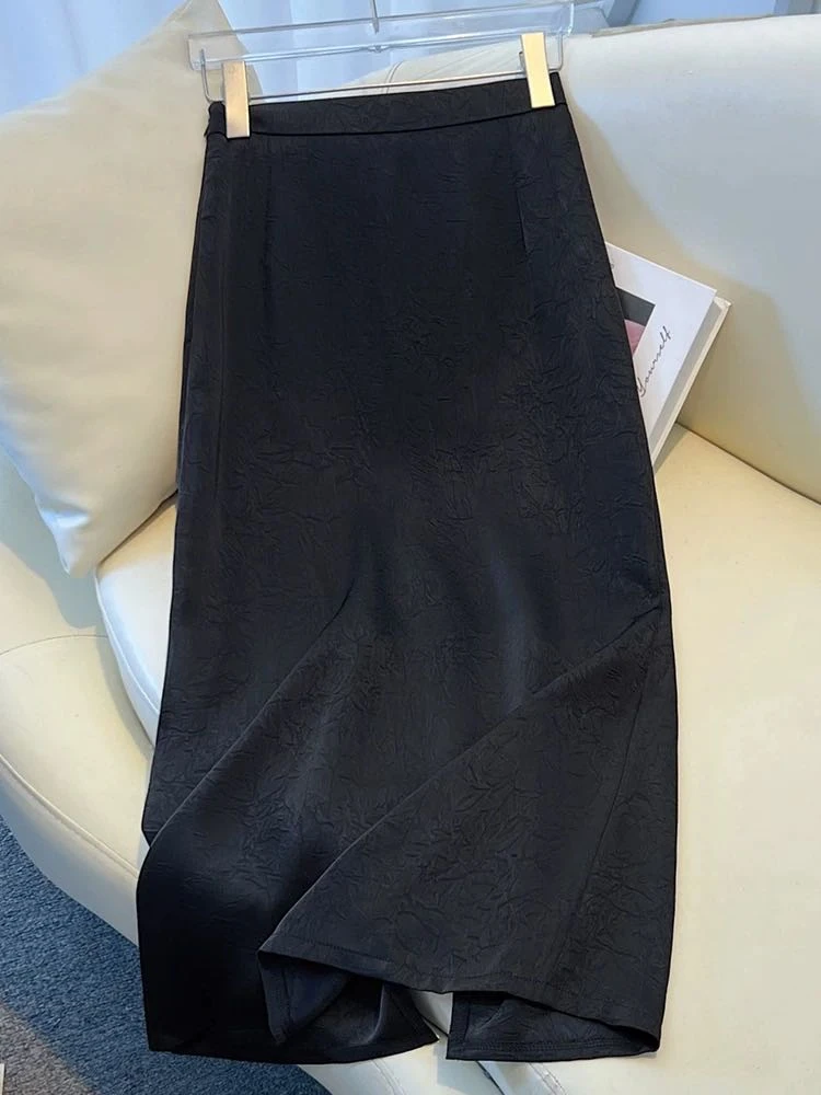 【KK】JS2581夏季上新纯色褶皱印花松紧腰款气质百搭中长半身裙