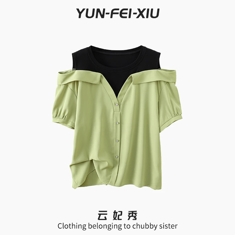 云妃秀大码女装T恤简约宽松撞色拼接圆领胖妹妹显瘦上衣夏季3170
