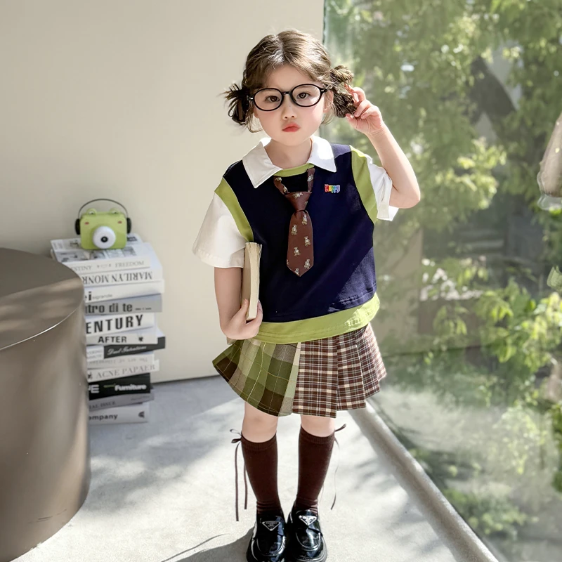 童装女童夏装学院风短袖套装2025新款儿童超好看宝宝时尚洋气时髦