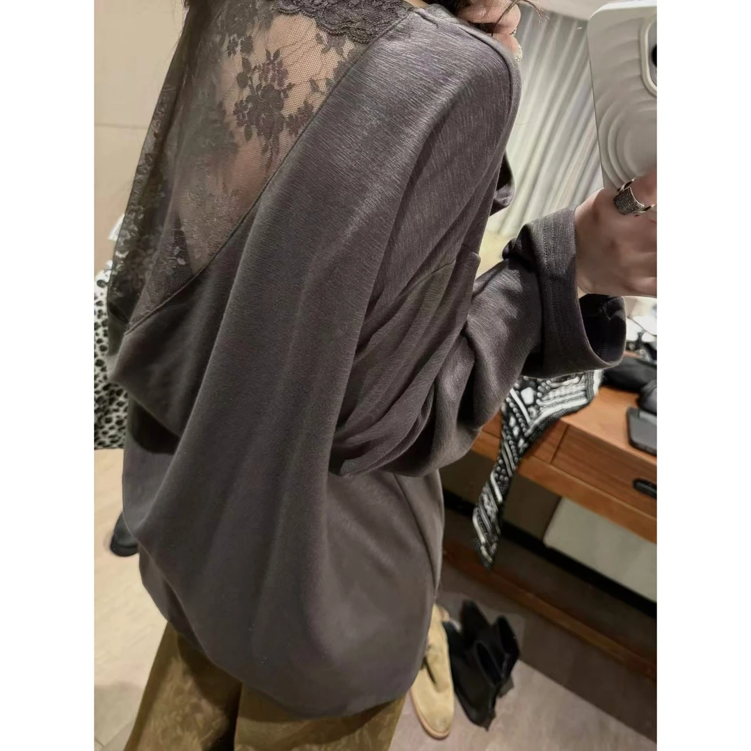 SP 松弛感露背蕾丝拼接长袖t恤女秋季宽松慵懒上衣t