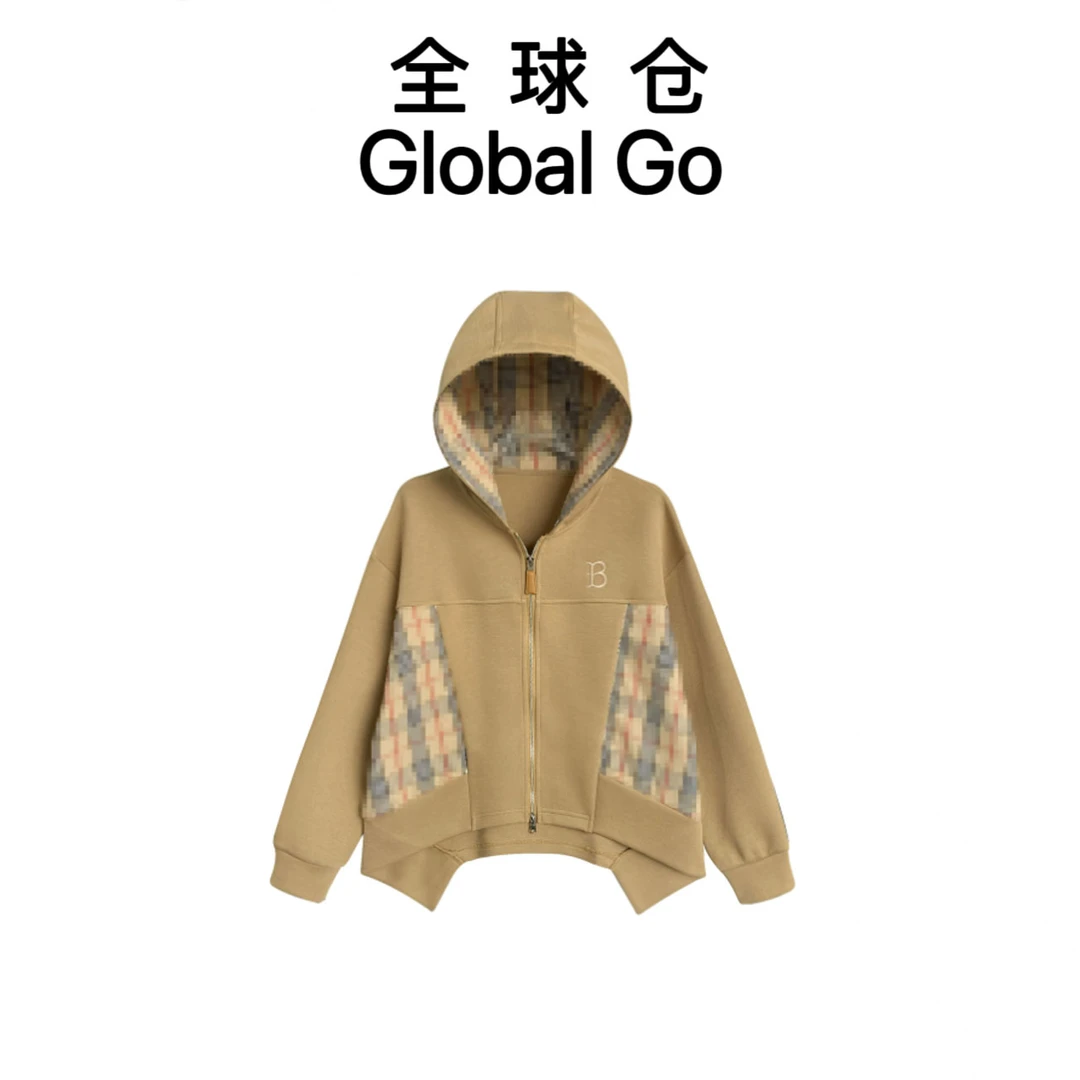 【全球仓Global Go】68085#时尚高奢百搭格子拼接连帽卫衣2025上衣