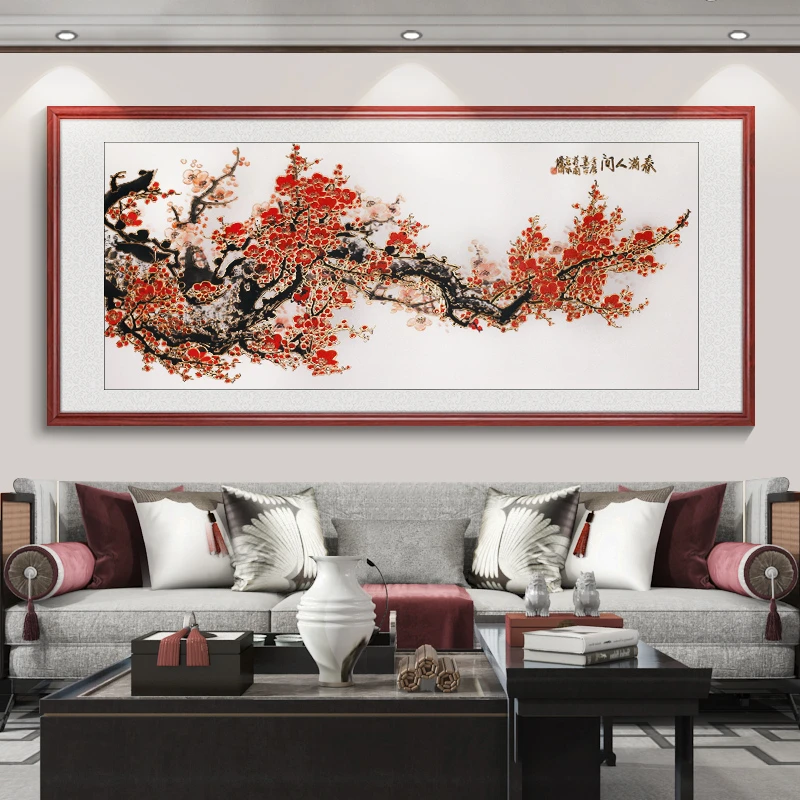 浮雕描金春满人间挂画新中式客厅装饰画办公室山水喷绘国画