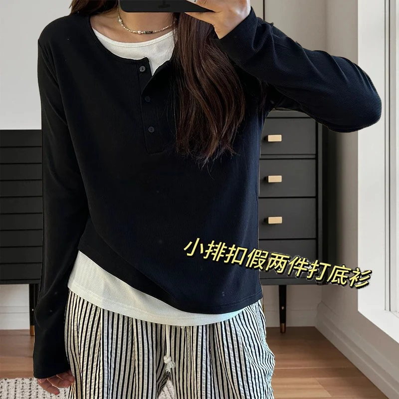 大码胖mm200斤时尚拼色小众正肩遮肉长袖t恤女春季新款百搭假两件