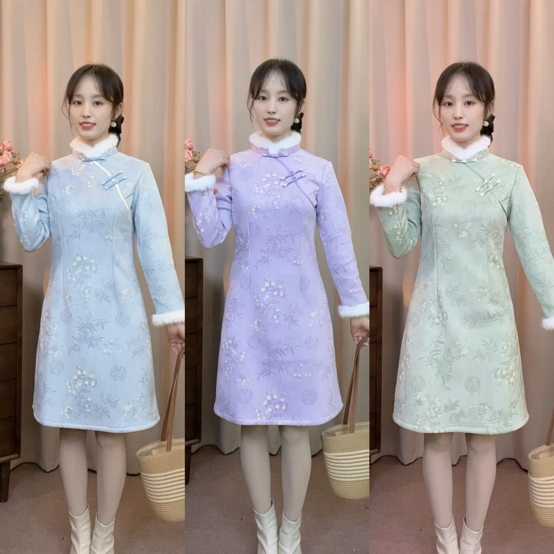 芊芊 【箬汐】冬季旗袍2025年新款女改良小个子短款冬款加绒加厚