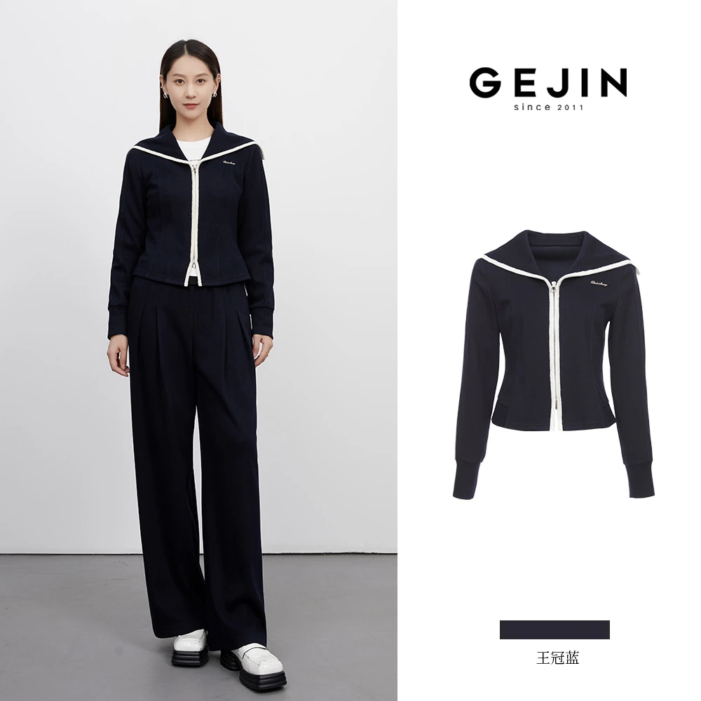 GEJIN/歌锦新款长袖学院风修身女翻领拉链拼色上衣94125924711
