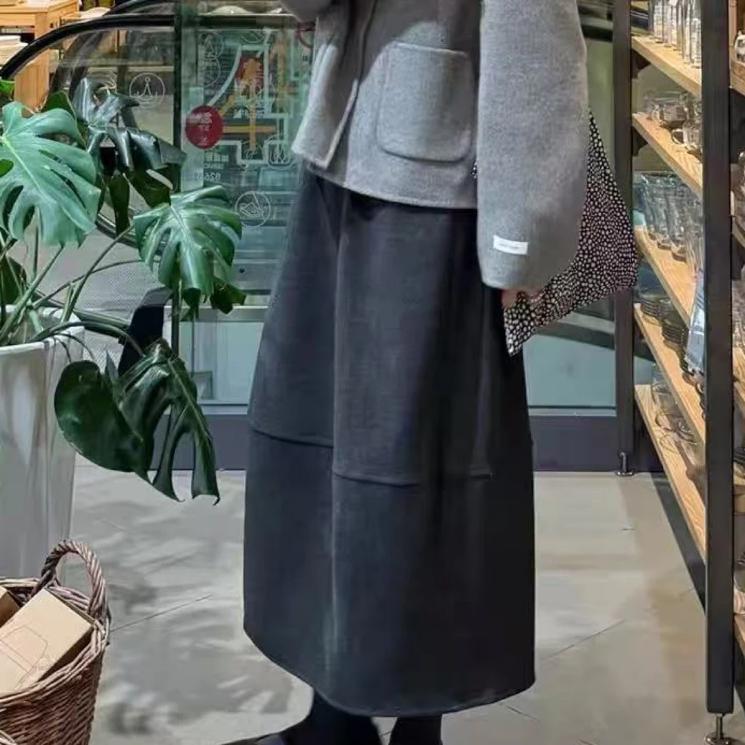 有口袋毛呢花苞裙半身女秋冬赫本小个子a字裙高腰显瘦中长款伞裙