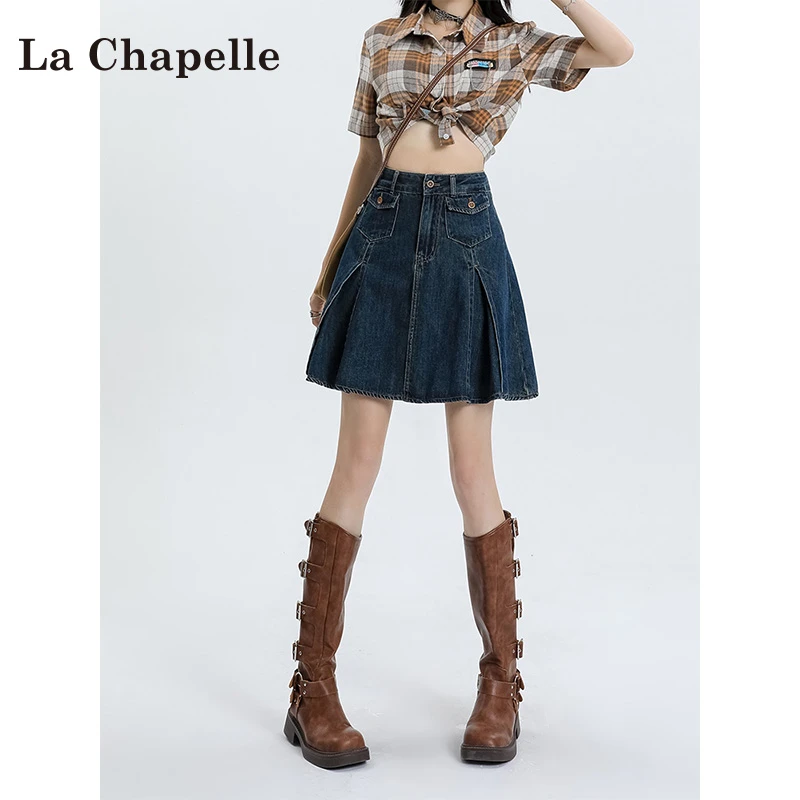 拉夏贝尔复古A字牛仔短裙女夏季2025年新款高腰百搭老钱风女装