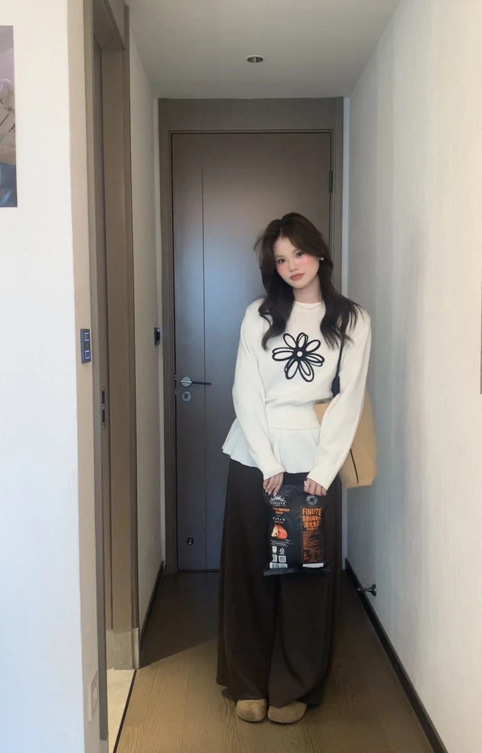 宽松条纹印花毛衣不褪色套头圆领秋冬小香风刺绣#FL1001