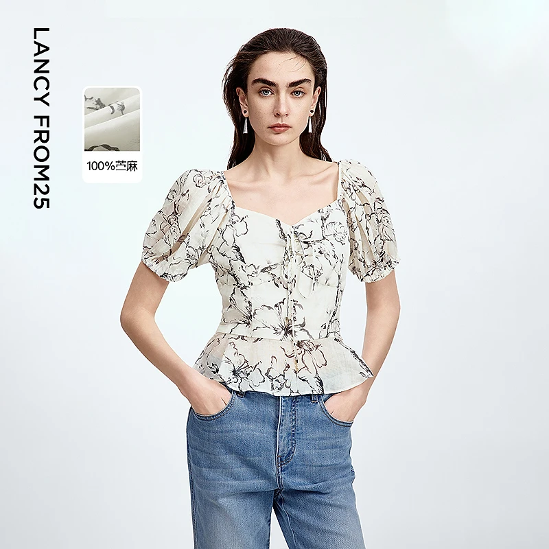 达人朗姿苎麻印花女收腰复古泡泡袖上衣2025年夏季新款
