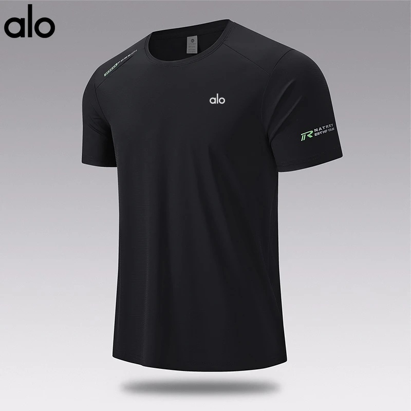 alo夏季冰丝速干短袖T恤男跑步健身弹力上衣圆领休闲运动短袖大码