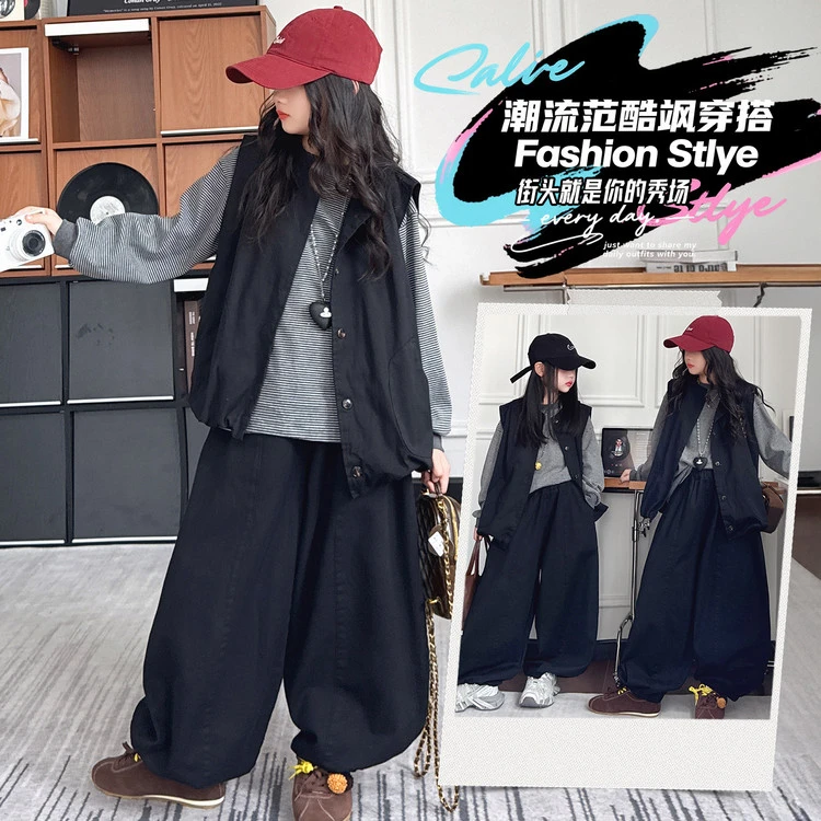 [麦哆哆」女童中大童秋季时髦洋气条纹打底个性马甲休闲裤三件套潮
