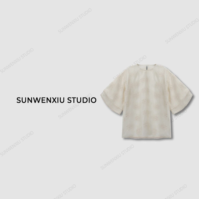 swx studio3店 ”少奶奶“重工立体绣花双层荷叶袖衬衫