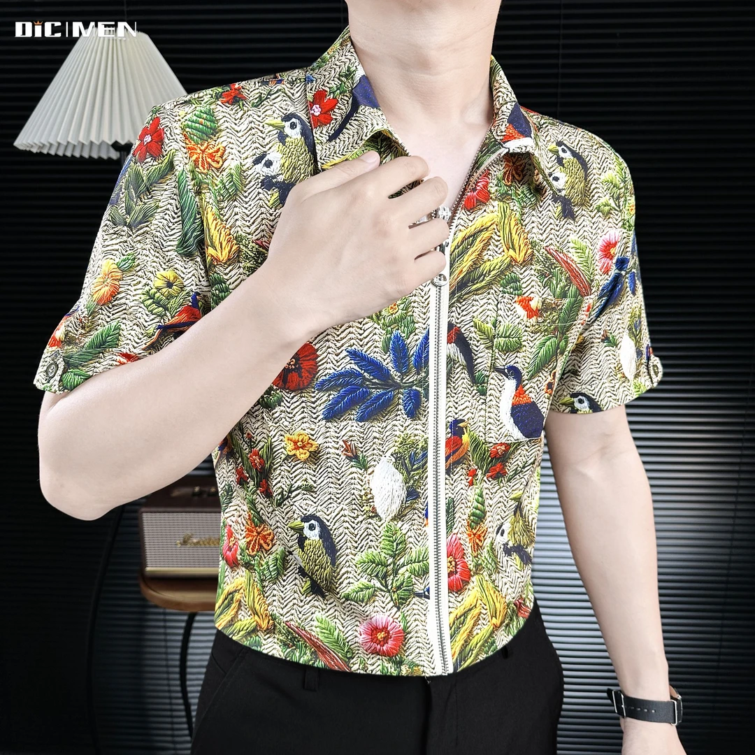 高级感男士拉链短袖夏日度假风休闲印花翻领男款爆款2025新款t恤