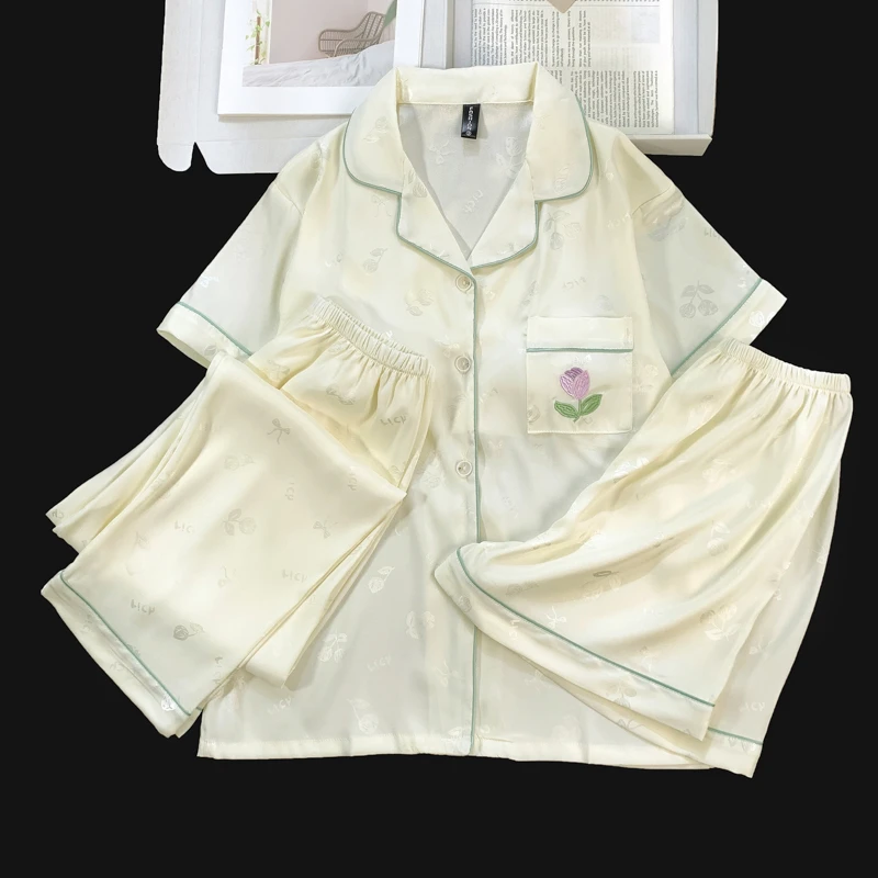【奶白郁金香】三件套带胸垫睡衣女款短袖冰丝夏季薄款休闲家居服