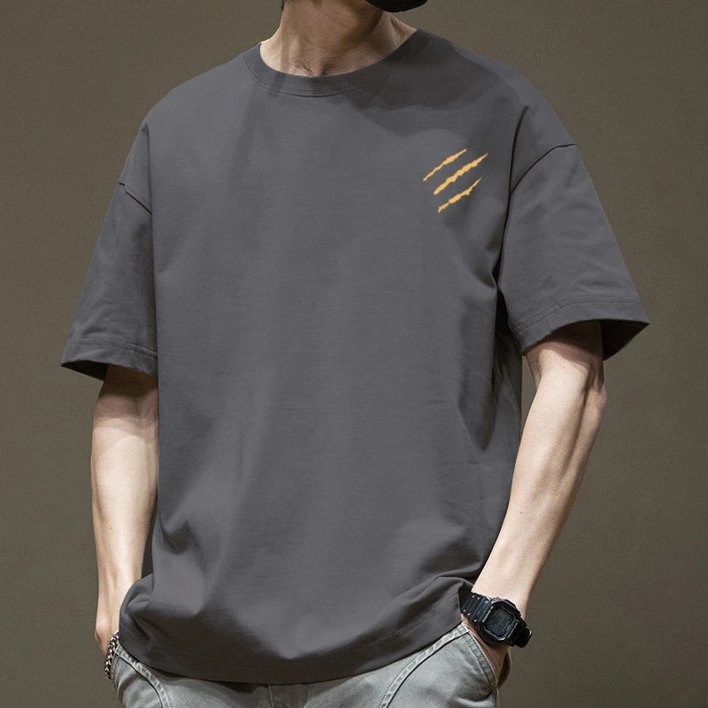 高级感男装2025爆款重磅纯棉短袖男夏季灰色潮牌宽松大码三防吸汗