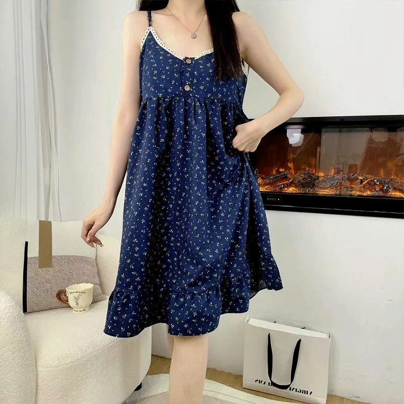 自带胸垫吊带睡裙女款夏季碎花云朵棉2025年睡衣可爱家居服可外穿