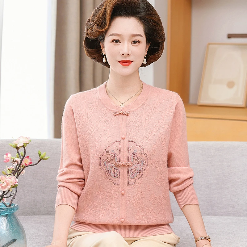 中老年女装春夏季新中式气质圆领上衣服妈妈装长袖国风T恤小衫108