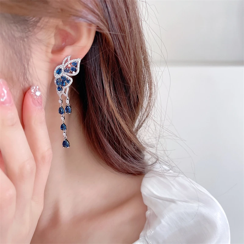 925银合成锆石耳饰 红锆石比翼双飞长款流苏蝴蝶水滴耳环水钻手工