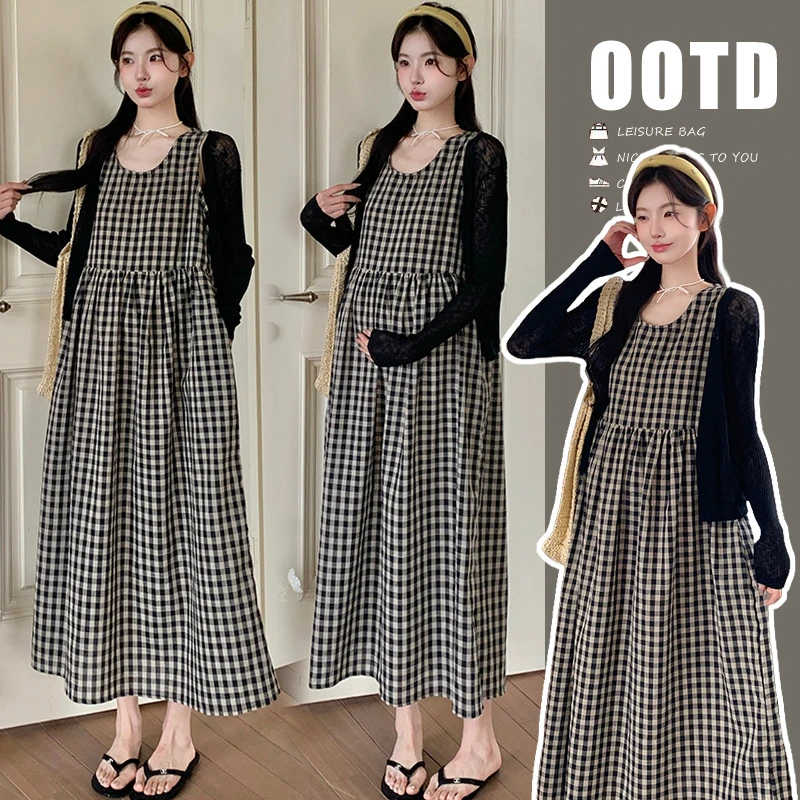 孕妇装2025夏季韩版时尚慵懒风气质显瘦简约开衫格子背心裙两件套