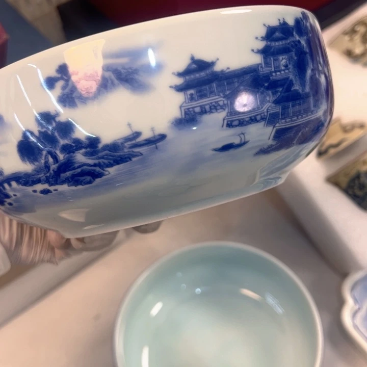 瓷片白青花山水大茶洗全品